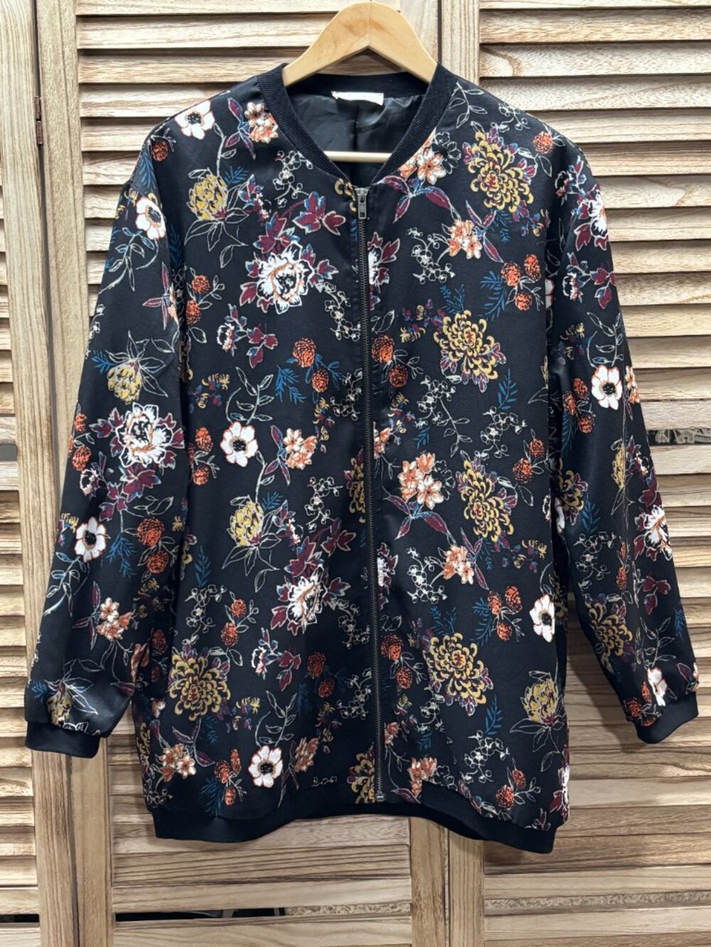 Anthropologie Sophie Rue Zip Up Lightweight Black Floral Bomber Jacket XL